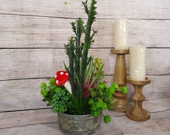 Natural Faux Succulent Mushroom Centerpiece ~ Cottagecore Succulent Table Decor