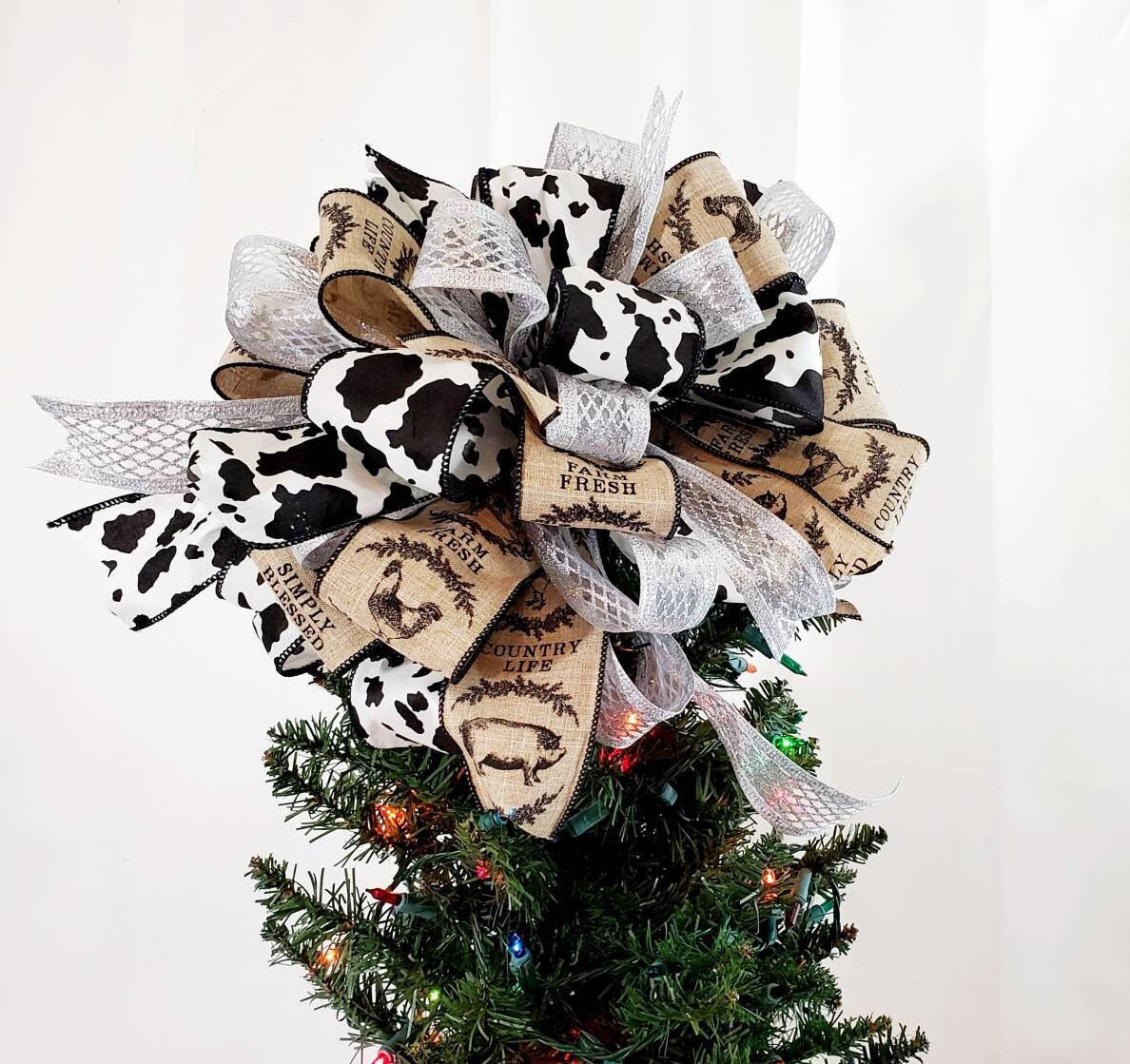 Country Cow Print Christmas Tree Topper Bow Holiday Tree Etsy