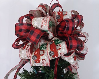 Buffalo Check Christmas Tree Topper Bow ~ Red Truck Tree Topper Bow~ Bow Tree Topper