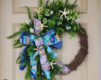 Coastal Nautical Wreath, Beach House Door Decor, Starfish Seashell Summer Wreath
