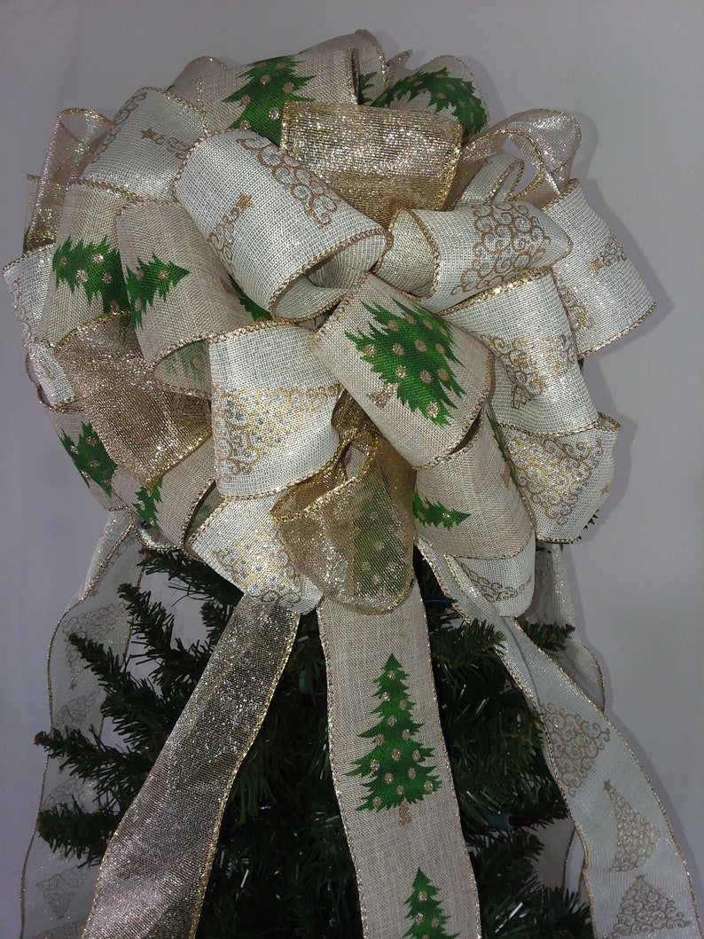 Gold Christmas Tree Topper Bow White Tree Topper Bow Tree Etsy