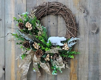 Woodland Polar Bear Wreath: Cottagecore Winter Door Decor