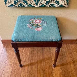 Vintage Stool with Embroidered Floral Seat and Hidden Storage