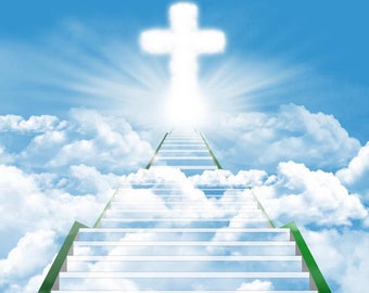 Renaiss 10x8ft Stairway to Heaven Backdrop Holy Light Cross Clouds Paradise  Stairs Background Staircase to Heaven Christian Activity Decor Church
