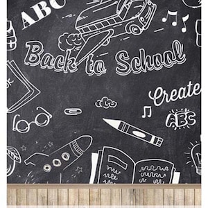 May include: Black and white chalkboard background with a school bus, rocket, glasses, books, and the words "Back to School" and "Create". The bottom of the image is a wood plank floor with the text "S-1467".