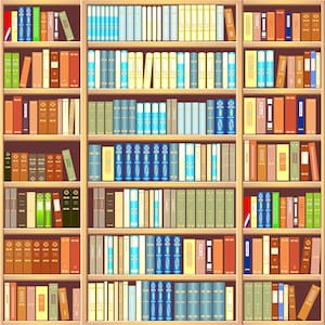 May include: A wooden bookshelf with multiple shelves filled with colorful books. The books are arranged in rows and columns, with different colors and sizes. The bookshelf is made of wood and has a light brown finish.