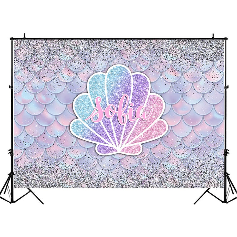 Glitter Mermaid Shell Scale Princess Newborn Birthday Photography Studio Backdrop Background Banner With name