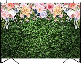 Spring Green Grass Lawn Floral Wall Wedding Shower Photography Backdrop Background