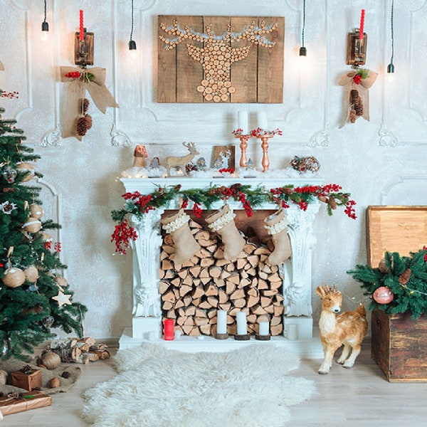 Christmas Tree Fireplace Socks Photography Studio Backdrop Background