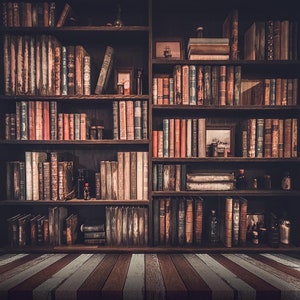 May include: A dark wooden bookcase filled with rows of antique books. The shelves are lined with leather-bound volumes, some with decorative spines. The bookcase is set against a dark background, creating a sense of mystery and intrigue.