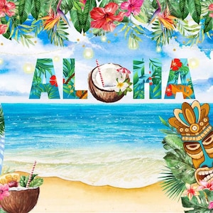 Sfondo estivo Hawaii Aloha Luau Spiaggia tropicale Tiki Floreale Festa di compleanno Studio fotografico Sfondo Banner