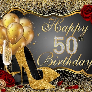 Custmoize Women Glitter Gold Balloons Rose Shoe Heels Birthday Photography Studio Backdrop Background Banner