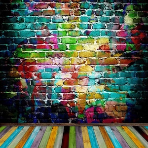 Multi Color Graffiti Brick Wall Wood Floor Photography Studio Backdrop Background