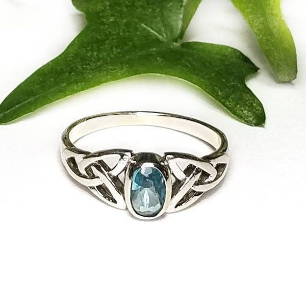 Blue Topaz Ring~Silver Celtic Natural Blue Topaz Ring~Blue Topaz Celtic Trinity Knot Promise Ring~December Birthstone Jewelry~Gift for Her