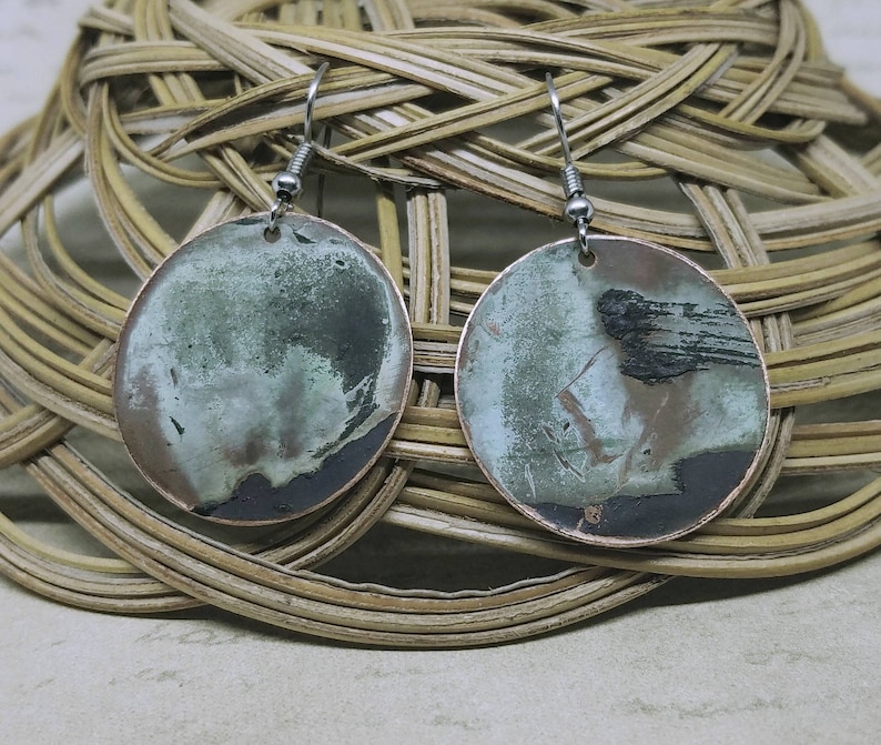 Copper EarringsUpcycled Naturally Patinated Copper EarringsRecycled Vintage Rustic Colorful EarringsReclaimed Eco Friendly Unique Gift image 1