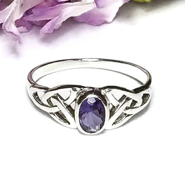 Amethyst Ring~Silver Celtic Natural Amethyst Ring~Amethyst Celtic Trinity Knot Ring~Knotted Ring~February Birthstone Jewelry~Girlfriend Gift