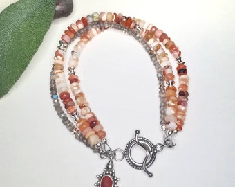 Fire Opal Bracelet~Silver Mexican Fire Opal Bracelet~Faceted Labradorite Multi Strand Bracelet~Natural Fire Opal Jewelry~October Birthstone