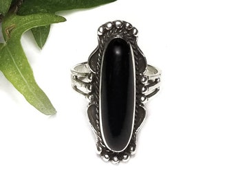 Black Onyx Ring~Silver Black Onyx Ring~Black Onyx Long Oval Ring~Large Black Onyx Statement Ring~Natural Black Onyx Ring~Black Onyx Jewelry