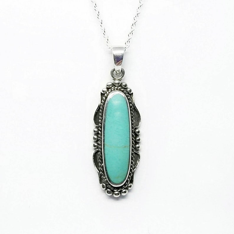 Turquoise NecklaceSilver Oval Turquoise PendantTurquoise Ornate NecklaceNatural Turquoise Stone PendantTurquoise JewelryGift for Her image 1