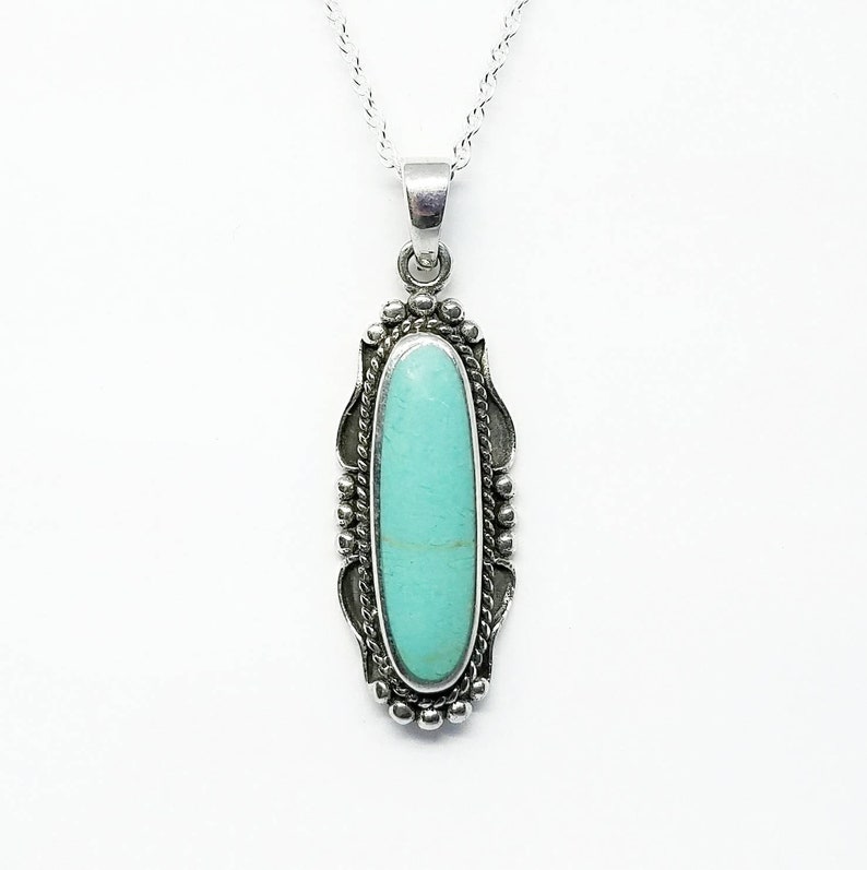 Turquoise NecklaceSilver Oval Turquoise PendantTurquoise Ornate NecklaceNatural Turquoise Stone PendantTurquoise JewelryGift for Her image 3