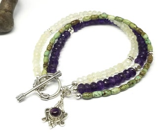 Amethyst Bracelet~Silver Genuine Faceted Amethyst Bracelet~Purple Green Amethyst Turquoise Multi Strand Bracelet~February Birthstone Gift