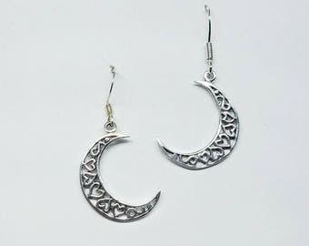 Moon Earrings~Silver Crescent Moon Earrings~Half Moon Earrings~Moon and Heart Celestial Earrings~Silver Lunar Moon Jewelry~Moon Gift for Her