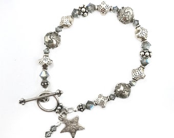 Celestial Bracelet~Silver Black Diamond Swarovski Crystal Bracelet~OOAK Moon and Star Boho Statement Bracelet~Celestial Crystal Jewelry