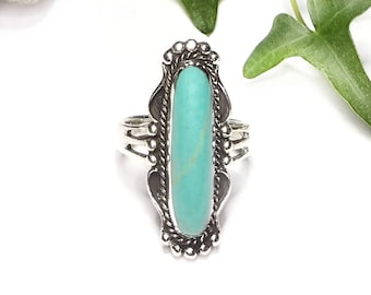 Turquoise Ring~Natural Turquoise Silver Ring~Turquoise Long Oval Ring~Large Turquoise Statement Ring~Turquoise Jewelry~Gift for Her