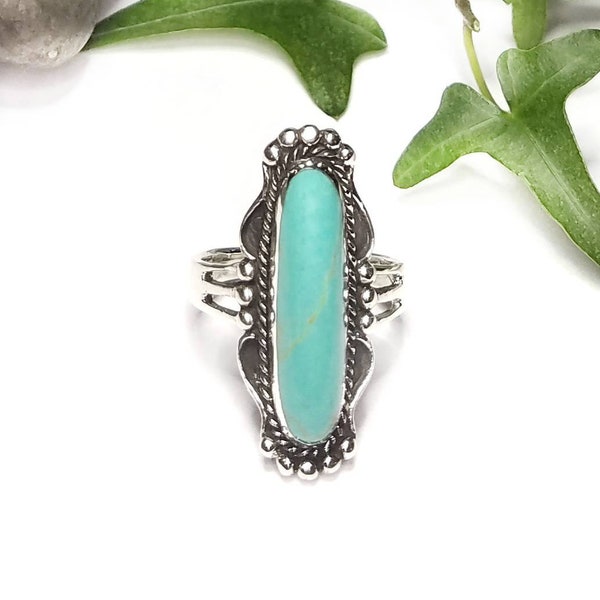 Turquoise Ring~Natural Turquoise Silver Ring~Turquoise Long Oval Ring~Large Turquoise Statement Ring~Turquoise Jewelry~Gift for Her