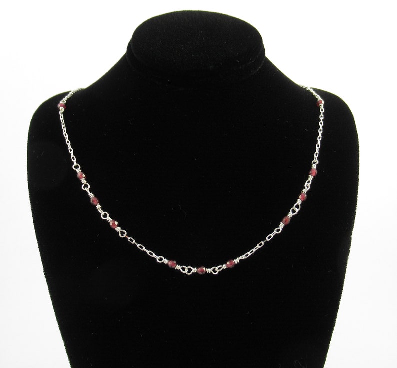 sterling silver jewelry handmade long cable chain minimal style diamond cut chain Garnet necklace bead necklace faceted garnet rounds