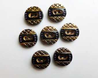 Victorian black glass set of seven buttons, vintage buttons, geometric design Victorian black glass buttons, painted gold black glass