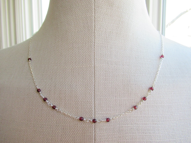 sterling silver jewelry handmade long cable chain minimal style diamond cut chain Garnet necklace bead necklace faceted garnet rounds