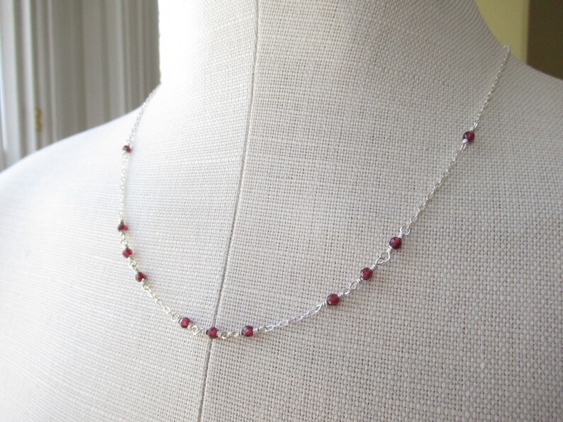 sterling silver jewelry handmade long cable chain minimal style diamond cut chain Garnet necklace bead necklace faceted garnet rounds