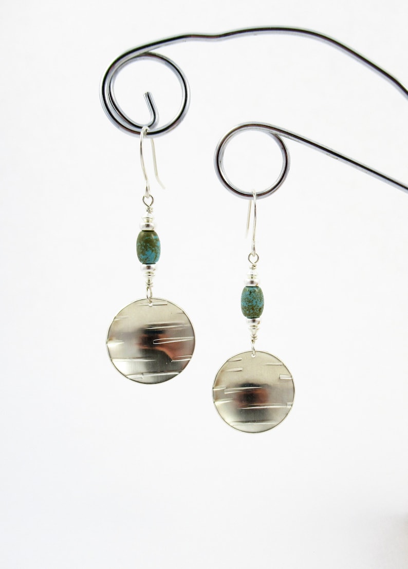 silver jewelry silver jewellery hammered sterling silver silver disc earrings gemstone earrings handmade jewelry Turquoise earrings