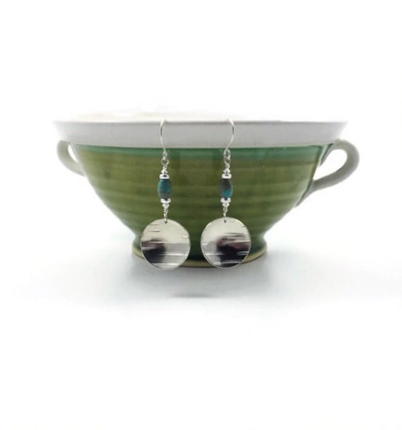 silver jewelry silver jewellery hammered sterling silver silver disc earrings gemstone earrings handmade jewelry Turquoise earrings
