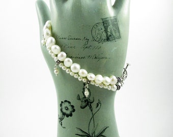 Freshwater pearl bracelet, white freshwater pearls, double strand bracelet, silver bracelet, sterling jewelry, charm bracelet, bracelets