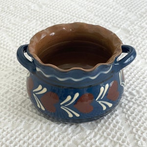 Vintage Pottery Bowl Handmade Copenhagen Bowl DENMARK Folk Art Clay Abbednaes Blue Red Heart Shaped piece Stamped bottom