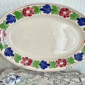 Antique French Oval Platter Hand Painted Circa 1900s  Floral Serving Platter Cottage Core Decor Chateaucore Red Blue Green