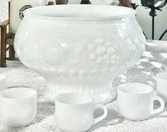 MCM Milk Glass Punchbowl Granny Chic Grandmillennial Decor Vintage 1960s Fruit Bowl Flowers White punch bowl