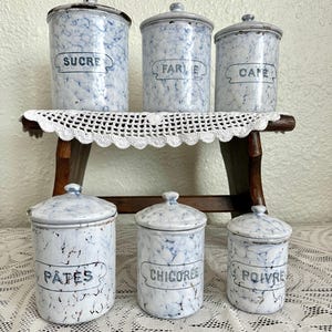 Canister Set Blue and White Enamelware Antique French Canisters Enamel Canister Set French Chateaucore French Cottage Core Chicken Wire