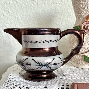 Lusterware Antique English Lusterware Pitcher Copper Lusterware England Pale Green Aqua Porcelain Bronze Creamer Bronze Lusterware Primitive