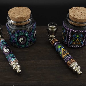 Heady Hand Pipe Jar Set / Handmade Matching Jar and Pipe Set / Made in USA / Collectable / Millefiori / Fimo