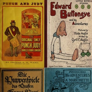 May include: Four vintage book covers featuring illustrations of puppets. The first cover is yellow with red text and features a Punch and Judy puppet show. The second cover is brown with red text and features a cartoon character named Edward Buttoneye. The third cover is brown with black text and features a puppet show. The fourth cover is blue with black text and features a puppet show.