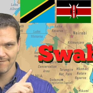 May include: A map of East Africa showing the flags of Tanzania, Kenya and Uganda. The word "Swahili" is written in large red letters across the map.