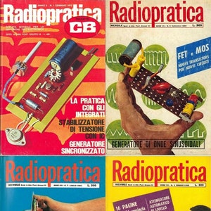 Könnte beinhalten: Vier Cover des italienischen Elektronikmagazins Radiopratica. Jedes Cover zeigt ein anderes Elektronikprojekt, darunter einen Generator, eine Transistorschaltung, einen Verstärker und einen Radioempfänger. Der Name des Magazins ist in roten und weißen Buchstaben auf jedem Cover gedruckt.