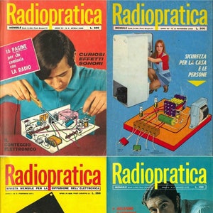 Könnte beinhalten: Vier Cover des italienischen Magazins Radiopratica, jedes mit einem anderen Elektronikprojekt. Die Cover sind gelb, blau, rot und türkis. Das erste Cover zeigt eine Person, die eine Leiterplatte lötet. Das zweite Cover zeigt eine Person, die an einem Haussicherungssystem arbeitet. Das dritte Cover zeigt eine Person, die an einem Netzteil arbeitet. Das vierte Cover zeigt eine Person, die an einem Oszilloskop arbeitet.