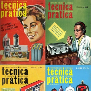 Könnte beinhalten: Vier Cover des italienischen Magazins "tecnica pratica" mit Elektronikprojekten. Die Cover zeigen eine Frau mit Kopfhörern, einen Mann mit Kopfhörern, der ein Mikrofon hält, einen Radioempfänger und ein Diagramm einer Vakuumröhre.
