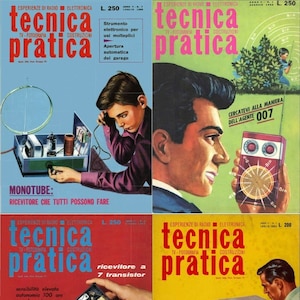 Puede incluir: Cuatro portadas de revistas con un título rojo y azul "tecnica pratica" con imágenes de dispositivos electrónicos y personas que los construyen. Las portadas presentan títulos como "Monotube: Receptor que todos pueden hacer" y "Receptor con 7 transistores".