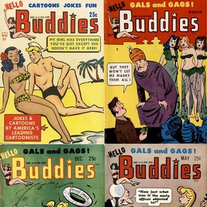 May include: Four comic book covers featuring a cartoon style. The covers are all titled "Buddies" and feature a variety of characters and scenes. The first cover features a man and woman in swimsuits on a beach. The second cover features a man in a turban with several women in swimsuits. The third cover features a woman in a swimsuit on a boat. The fourth cover features a man in a courtroom with a woman in a swimsuit.
