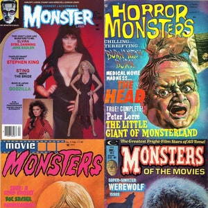 Könnte beinhalten: Vier Vintage-Magazincover mit Horrorfilm-Monstern. Die Cover sind alle in Farbe und zeigen Bilder von klassischen Monstern wie Frankenstein, Dracula und dem Werwolf. Der Text auf den Covern umfasst die Titel der Magazine, die Namen der Monster und die Veröffentlichungsdaten.